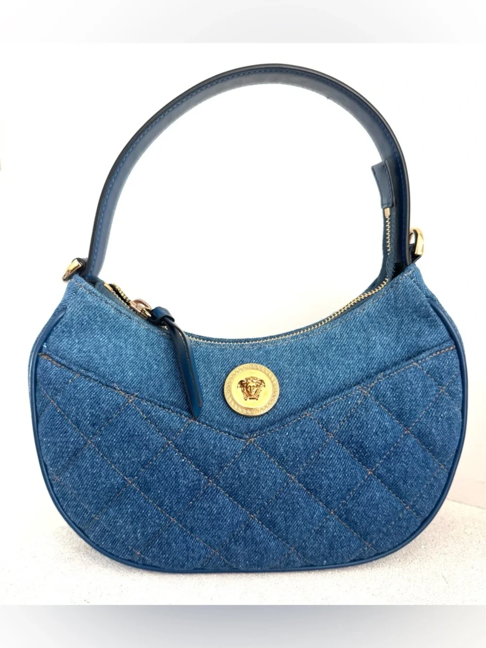 VERSACE NWT Denim Medusa Quilted 2-Way Shoulder Crossbody Bag Blue Gold - Picture 10 of 13